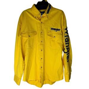 Wrangler Shirt Mens M Yellow Western Pearl Snap Long Sleeve Logo Rodeo Cowboy